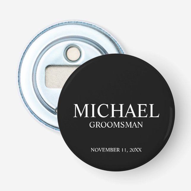 Black Personalised Groomsman's Name and Monogram Bottle Opener (Front)