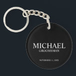 Black Personalised Groomsman's Name and Monogram Key Ring<br><div class="desc">Modern Personalised Groomsman Gifts
featuring personalised groomsman's name,  title and wedding date in white classic serif font style on black background.

Also perfect for Best Man,  Father of the Bride and more.</div>