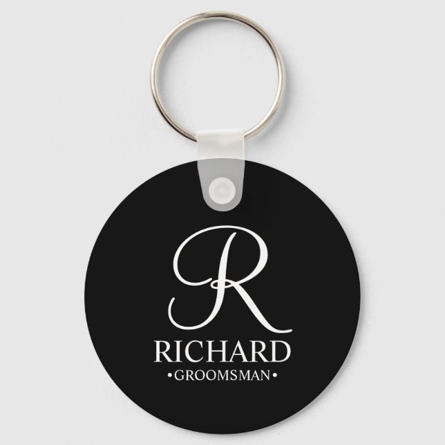 Black Personalised Groomsman's Name and Monogram Key Ring (Front)