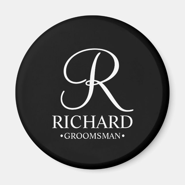 Black Personalised Groomsman's Name and Monogram Magnet (Front)