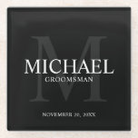 Black Personalised Groomsmen Glass Coaster<br><div class="desc">Add a personal touch to your wedding with personalised groomsmen glass coaster. This coaster features personalised groomsman's name with title and wedding date in white and monogram in grey as background, in classic serif font style, on black background. Also perfect for best man, father of the bride, ring bearer and...</div>