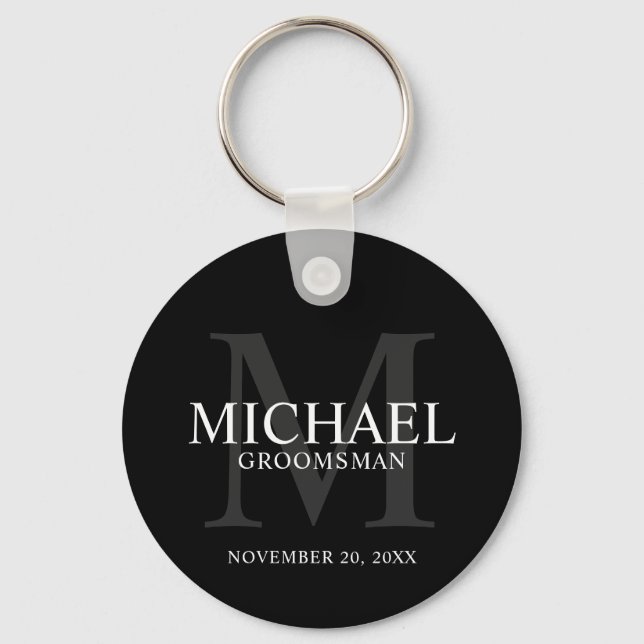 Black Personalised Groomsmen's name and monogram Key Ring (Front)