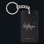 Black Personalised Groomsmen's name and Monogram  Key Ring<br><div class="desc">Add a personal touch to your wedding with personalised groomsmen keychain. This keychain features personalised groomsman's name in white classic script font style with wedding details in white classic serif font style and monogram in grey classic serif font style as background, on black background. Also perfect for best man, father...</div>
