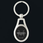 Black Personalised Groomsmen's name and monogram Key Ring<br><div class="desc">Add a personal touch to your wedding with personalised groomsmen keychain. This keychain features personalised groomsman's name with title and wedding date in white and monogram in grey as background, in classic serif font style, on black background. Also perfect for best man, father of the bride, ring bearer and more....</div>