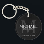 Black Personalised Groomsmen's name and monogram Key Ring<br><div class="desc">Add a personal touch to your wedding with personalised groomsmen keychain. This keychain features personalised groomsman's name with title and wedding date in white and monogram in grey as background, in classic serif font style, on black background. Also perfect for best man, father of the bride, ring bearer and more....</div>
