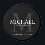 Black Personalised Groomsmen's name and monogram Magnet<br><div class="desc">Add a personal touch to your wedding with personalised groomsmen magnet. This magnet features personalised groomsman's name with title and wedding date in white and monogram in grey as background, in classic serif font style, on black background. Also perfect for best man, father of the bride, ring bearer and more....</div>