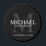 Black Personalised Groomsmen's name and monogram Magnet<br><div class="desc">Add a personal touch to your wedding with personalised groomsmen magnet. This magnet features personalised groomsman's name with title and wedding date in white and monogram in grey as background, in classic serif font style, on black background. Also perfect for best man, father of the bride, ring bearer and more....</div>