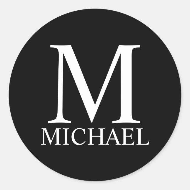 Black Personalised Monogram and Name Classic Round Sticker (Front)
