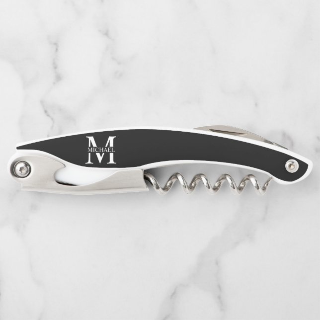 Black Personalised Monogram and Name Corkscrew (Front)