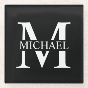 Black Personalised Monogram and Name Glass Coaster