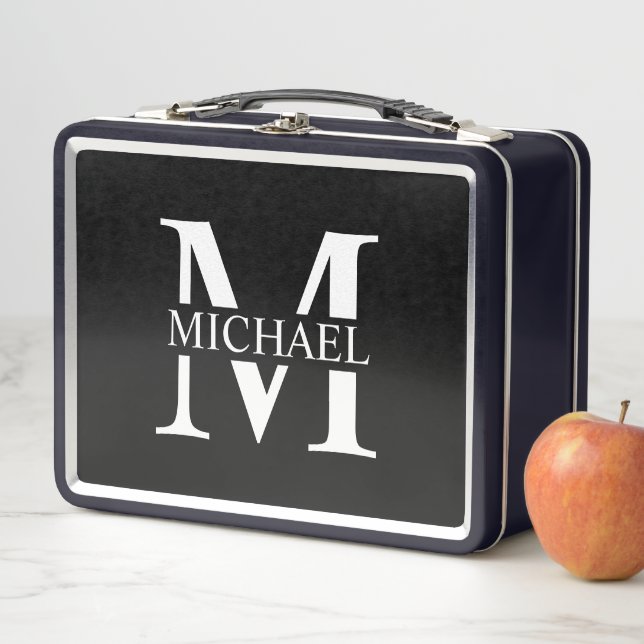 Black Personalised Monogram and Name Metal Lunch Box (In Situ)