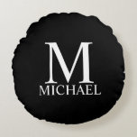 Black Personalised Monogram and Name Round Cushion<br><div class="desc">Personalised Monogram and Name Gift
features personalised monogram and name in white classic serif font style on black background.

Perfect as holiday gift,  family reunion favours,  housewarming gift,  wedding gift and gift for any special occasions.</div>