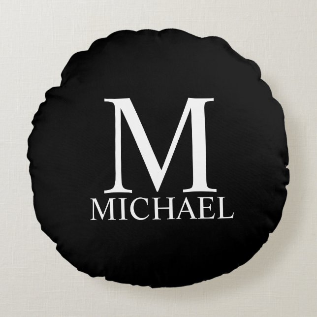 Black Personalised Monogram and Name Round Cushion (Front)