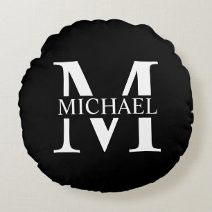 Black Personalised Monogram and Name Round Cushion