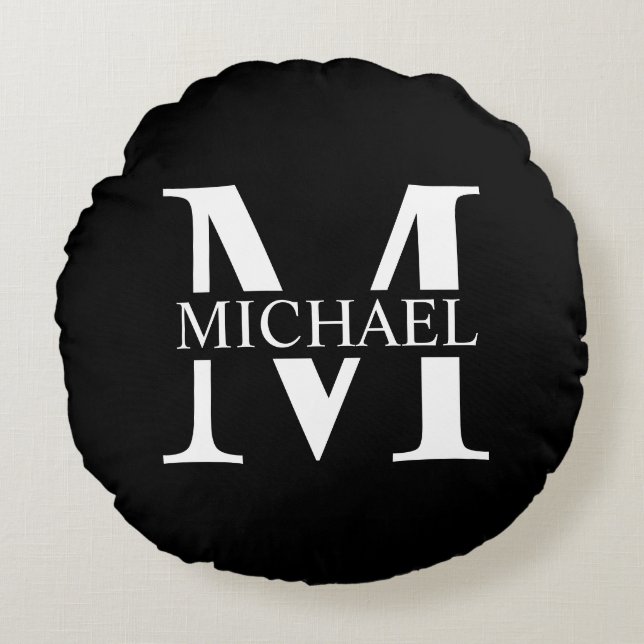 Black Personalised Monogram and Name Round Cushion (Front)