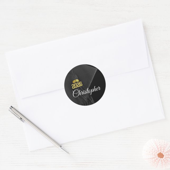 Black Personalised Name Class of 2025 Graduation Classic Round Sticker (Envelope)