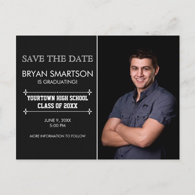 Black Personalised Photo Graduation Save the Date Postcard (Front)