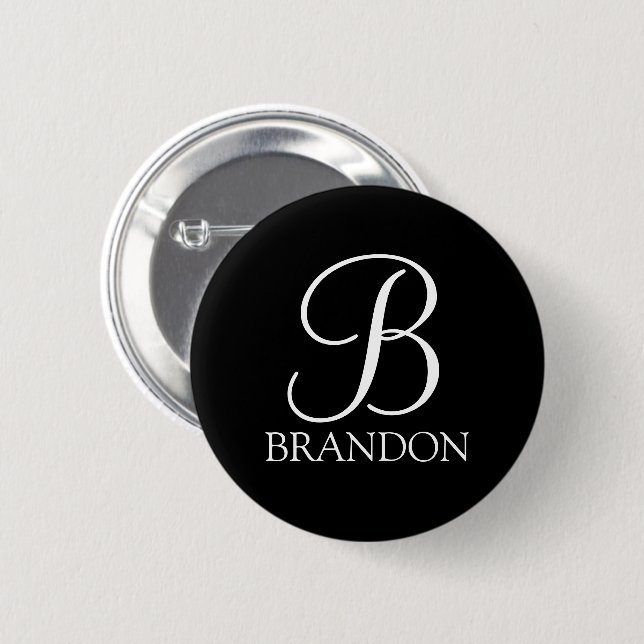 Black Personalised Script Monogram and Name 6 Cm Round Badge (Front & Back)