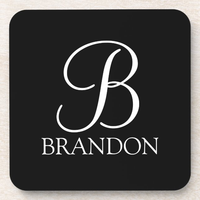 Black  Personalised Script Monogram and Name Coaster (Front)