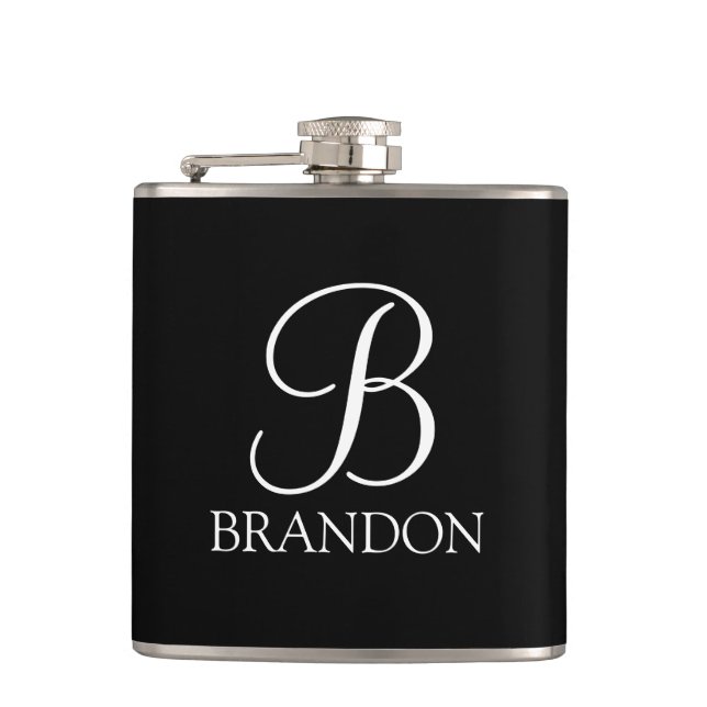 Black Personalised Script Monogram and Name Flask (Front)