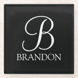 Black Personalised Script Monogram and Name Glass Coaster