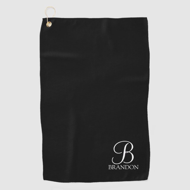 Black Personalised Script Monogram and Name Golf Towel (Front)