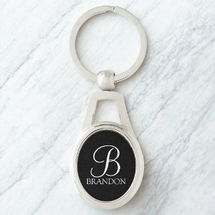 Black Personalised Script Monogram and Name Key Ring
