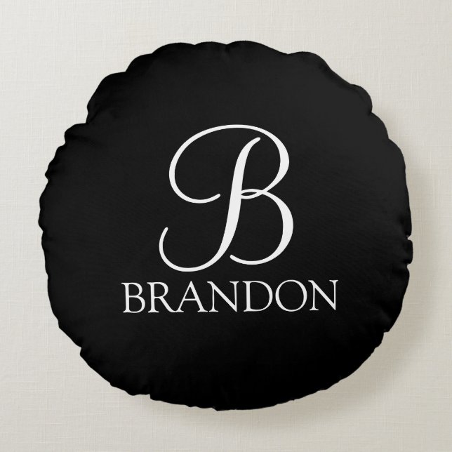 Black Personalised Script Monogram and Name Round Cushion (Front)