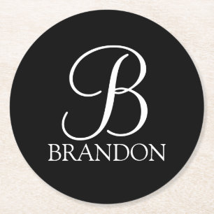 Black Personalised Script Monogram and Name Round Paper Coaster
