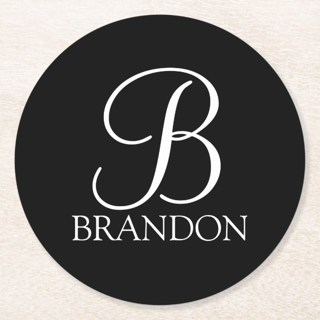 Black Personalised Script Monogram and Name Round Paper Coaster (Front)