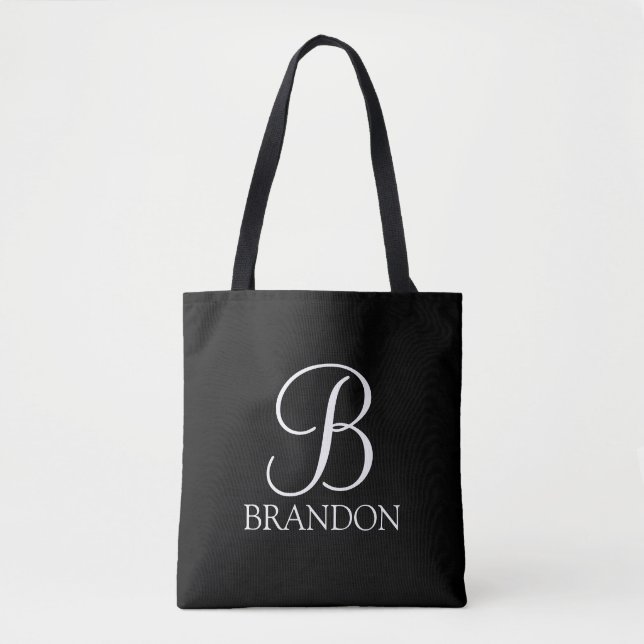 Black Personalised Script Monogram and Name Tote Bag (Front)