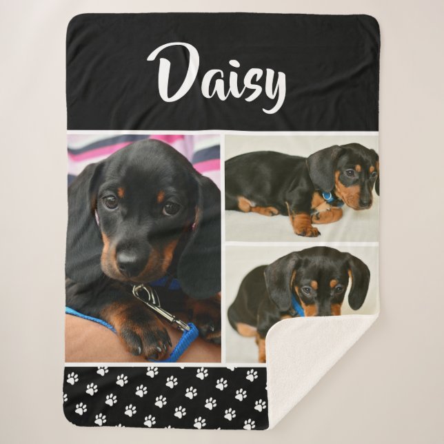 Black Pet Lover Photo Collage Customisable Dog Sherpa Blanket (Front)