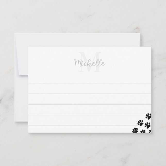 Black Pet Paw Prints Monogram With Lines  Card (Front)