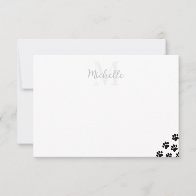 Black Pet Paw Prints Personalized Monogram Simple  Card (Front)