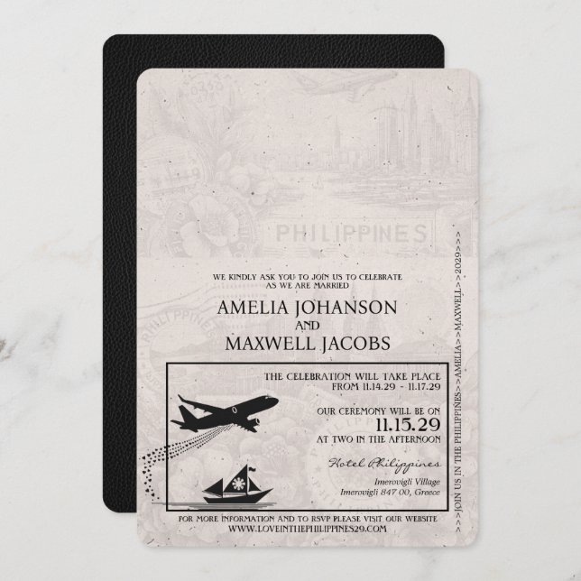 Black Philippines Passport Wedding Invitation (Front/Back)