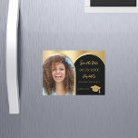 Black photo arch Graduation Save the Date card<br><div class="desc">A magnetic photo Save the date card for a graduation party. On front: Add your own vertical size photo of the graduate. Faux gold photo arch frame. A golden and black background, golden text. Templates for a name and date. The name and the text: Save the Date are written with...</div>