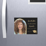 Black photo arch Graduation Save the Date card<br><div class="desc">A magnetic photo Save the date card for a graduation party. On front: Add your own vertical size photo of the graduate. Faux gold photo arch frame. A classic black background, golden text. Templates for a name and date. The name and the text: Save the Date are written with a...</div>
