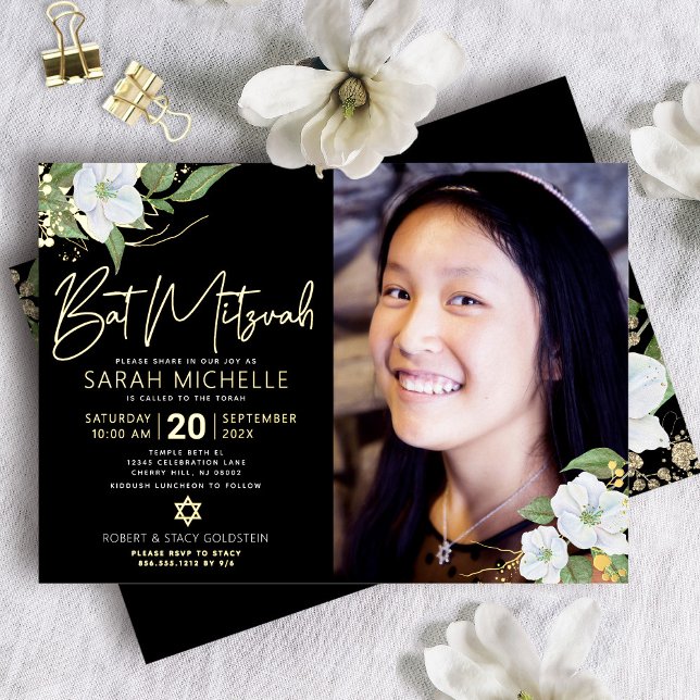 Black Photo Bat Mitzvah Floral Script Real Gold (Creator Uploaded)