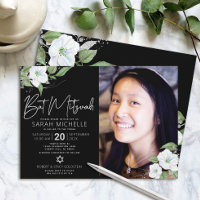 Black Photo Bat Mitzvah Silver Floral Watercolor