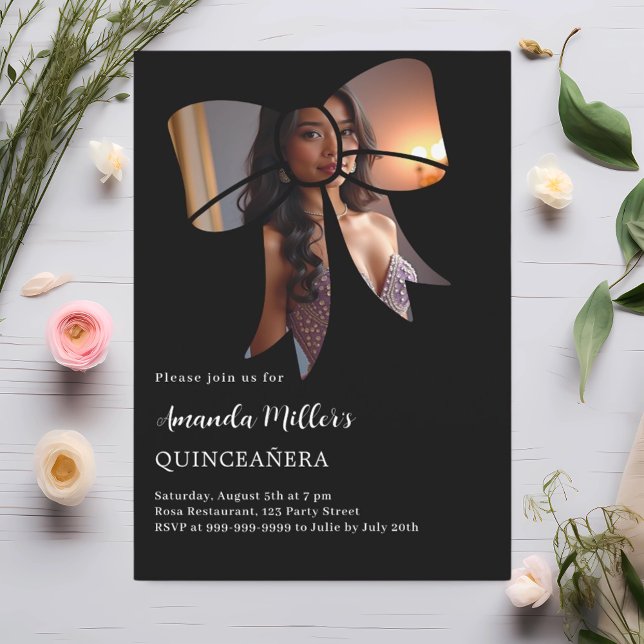 Black photo bow elegant Quinceanera Invitation (Creator Uploaded)