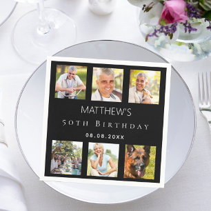 Black photo collage birthday party napkin