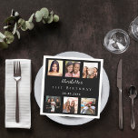 Black photo collage birthday party napkin<br><div class="desc">For a woman's 21st (or any age) birthday, celebrating her life with a collage of 6 of your high quality photos of her, her friends, family, interest or pets. Personalise and add her name, age 21. A classic black background. Her name is written with a modern hand lettered style script....</div>