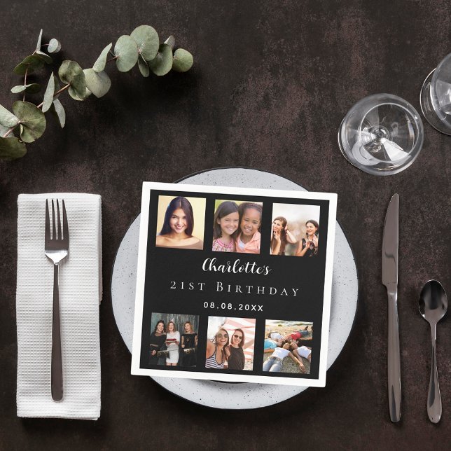 Black photo collage birthday party napkin (Creator Uploaded)