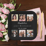 Black photo collage birthday party paper plate<br><div class="desc">For a woman's 21st (or any age) birthday, celebrating her life with a collage of 6 of your high quality photos of her, her friends, family, interest or pets. Personalise and add her name, age 21. A classic black background. Her name is written with a modern hand lettered style script....</div>