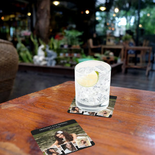 Black photo collage birthday party square paper coaster