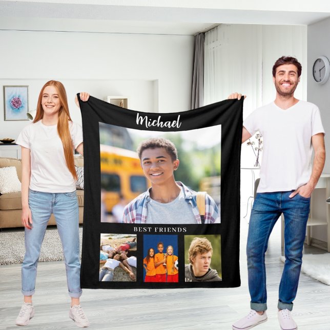 Black photo collage boy friends fleece blanket (Creator Uploaded)