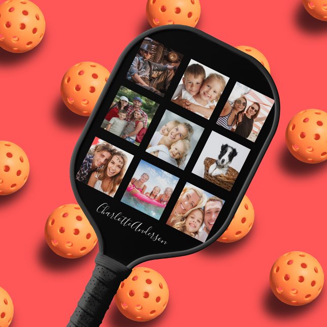Black photo collage family name sciprt pickleball paddle (Creator Uploaded)