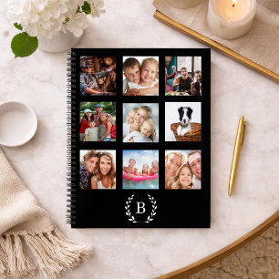 Black photo collage monogrammed modern diary notebook