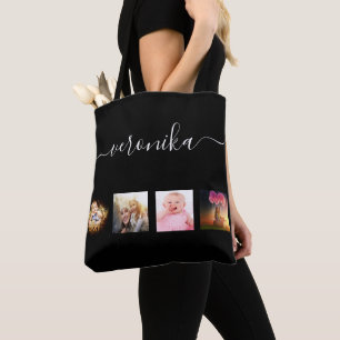 Black photo collage name script tote bag