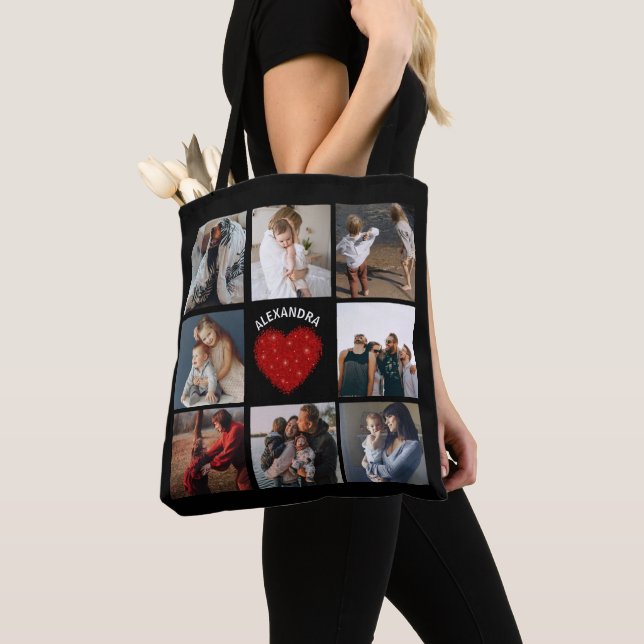 Black Photo Collage | Rustic Red heart Tote Bag (Close Up)